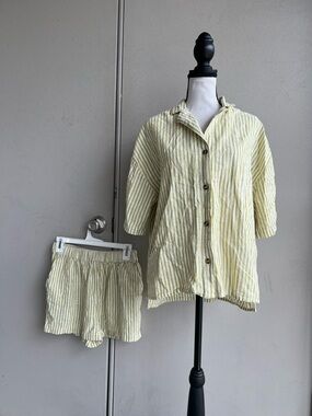 Billabong Green and White Striped Cotton Shirt Short Set